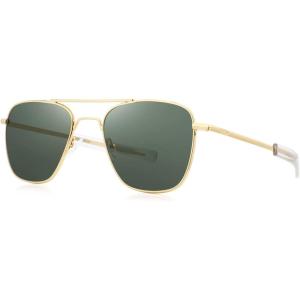imageFEISEDY Mens Aviator Sunglasses Polarized Military Pilot Frame with Bayonet Temples B2623002 Gold Frame Green Lens