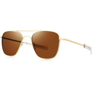 imageFEISEDY Mens Aviator Sunglasses Polarized Military Pilot Frame with Bayonet Temples B2623003 Gold Frame Brown Lens
