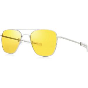 imageFEISEDY Mens Aviator Sunglasses Polarized Military Pilot Frame with Bayonet Temples B2623004 Silver Frame Yellow Lenses Night Driving Glasses