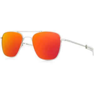 imageFEISEDY Mens Aviator Sunglasses Polarized Military Pilot Frame with Bayonet Temples B2623005 Silver Frame Red Mirrored Lenses