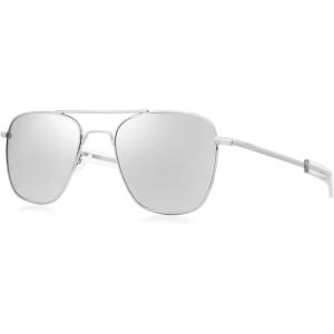imageFEISEDY Mens Aviator Sunglasses Polarized Military Pilot Frame with Bayonet Temples B2623008 Silver Frame White Mirrored Lenses