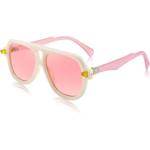 imageFEISEDY Vintage 70s Aviator Sunglasses Men Women Classic Retro Trendy Large Frame UV400 Sun Glasses B0030Off White  Pink