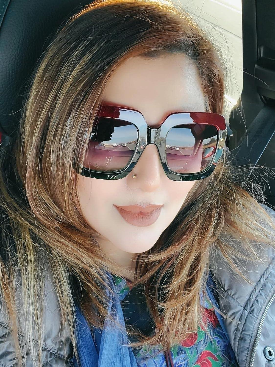 imageFEISEDY Retro Trendy Square Sunglasses for Women Oversized Stylish Inspired Shades Vintage Desinger Sunglasses B2276001 Redgreen FrameGrey Lens