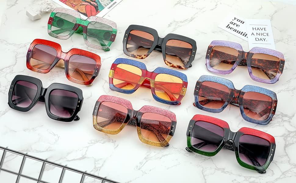 imageFEISEDY Retro Trendy Square Sunglasses for Women Oversized Stylish Inspired Shades Vintage Desinger Sunglasses B2276001 Redgreen FrameGrey Lens