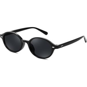 imageFEISEDY Retro Oval Sunglasses for Women 90s Narrow Round Lightweight Shades Y2k Trendy Sunnies B1171001 Black Frame  Grey