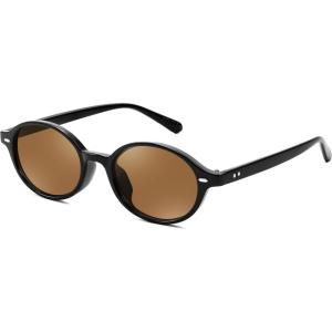 imageFEISEDY Retro Oval Sunglasses for Women 90s Narrow Round Lightweight Shades Y2k Trendy Sunnies B1171002 Black Frame  Tea