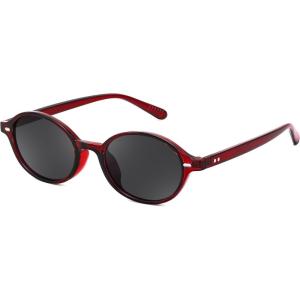 imageFEISEDY Retro Oval Sunglasses for Women 90s Narrow Round Lightweight Shades Y2k Trendy Sunnies B1171007 Transparent Red Frame  Grey
