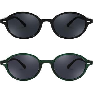 imageFEISEDY Retro Oval Sunglasses for Women 90s Narrow Round Lightweight Shades Y2k Trendy Sunnies B11712pack 001 Black Frame  Grey005 Green Frame  Grey