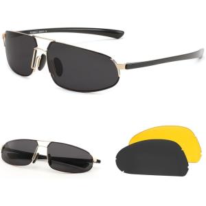 imageFEISEDY Vintage Sunglasses Men Polarized Aviator Metal Frame Lightweight Driving Fishing Running B0057Polarized Gray Lens 01interchangeable Yellow Night Vision Lenses