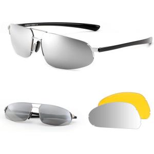 imageFEISEDY Vintage Sunglasses Men Polarized Aviator Metal Frame Lightweight Driving Fishing Running B0057Polarized Silver Lenses 06interchangeable Yellow Night Vision Lenses