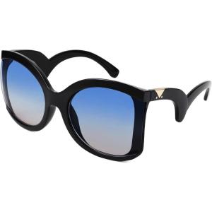 imageFEISEDY Oversized Square Butterfly Sunglasses Curved Curly Arm Frame Womens Fashion Shades B4035Black FrameBlue Yellow Lens