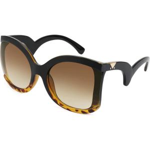 imageFEISEDY Oversized Square Butterfly Sunglasses Curved Curly Arm Frame Womens Fashion Shades B4035Blackleopard FrameGradient Tea Lens