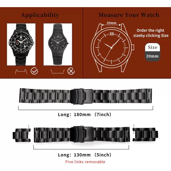 BERNY 20mm Stainless Steel Watch Bands Premium Solid Metal Watch Bracelet Straps for Men Women with Straight End Security Deployment BuckleBlack