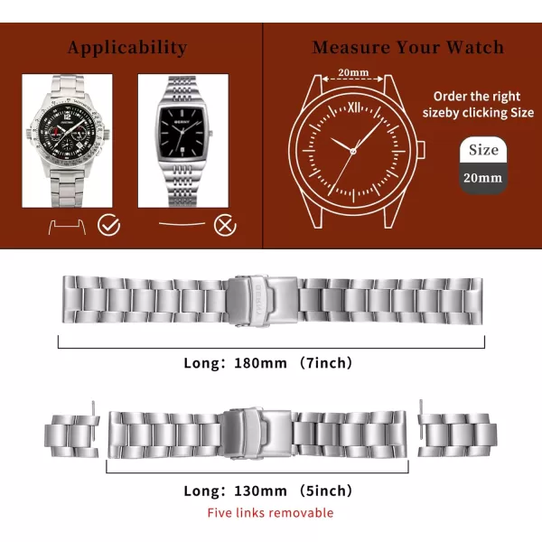 BERNY 20mm Stainless Steel Watch Bands Premium Solid Metal Watch Bracelet Straps for Men Women with Straight End Security Deployment BuckleSilver