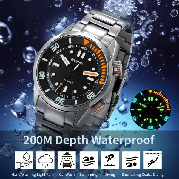 BERNY Automatic Watch for Men 200M Diving Watch Wristwatch HV600 Hardness Sapphire Glass Sturdy Stainless Steel Band Super Luminous Male WatchesBlack