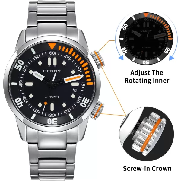 BERNY Automatic Watch for Men 200M Diving Watch Wristwatch HV600 Hardness Sapphire Glass Sturdy Stainless Steel Band Super Luminous Male WatchesBlack