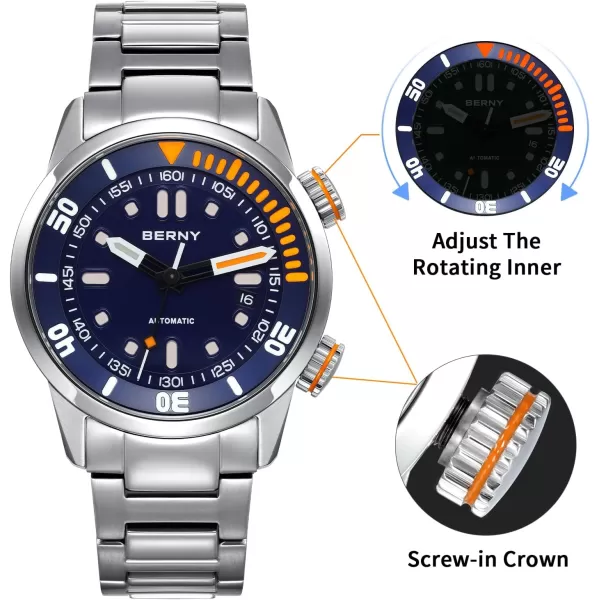 BERNY Automatic Watch for Men 200M Diving Watch Wristwatch HV600 Hardness Sapphire Glass Sturdy Stainless Steel Band Super Luminous Male WatchesBlue