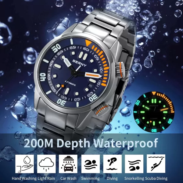 BERNY Automatic Watch for Men 200M Diving Watch Wristwatch HV600 Hardness Sapphire Glass Sturdy Stainless Steel Band Super Luminous Male WatchesBlue