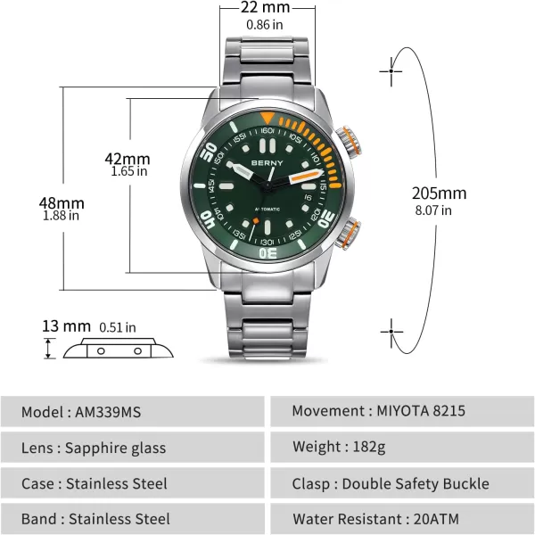 BERNY Automatic Watch for Men 200M Diving Watch Wristwatch HV600 Hardness Sapphire Glass Sturdy Stainless Steel Band Super Luminous Male WatchesGreen