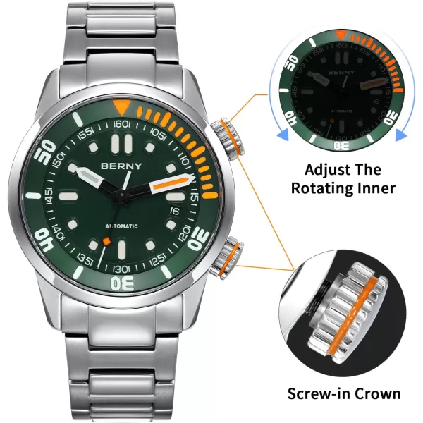 BERNY Automatic Watch for Men 200M Diving Watch Wristwatch HV600 Hardness Sapphire Glass Sturdy Stainless Steel Band Super Luminous Male WatchesGreen