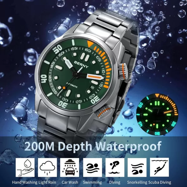 BERNY Automatic Watch for Men 200M Diving Watch Wristwatch HV600 Hardness Sapphire Glass Sturdy Stainless Steel Band Super Luminous Male WatchesGreen