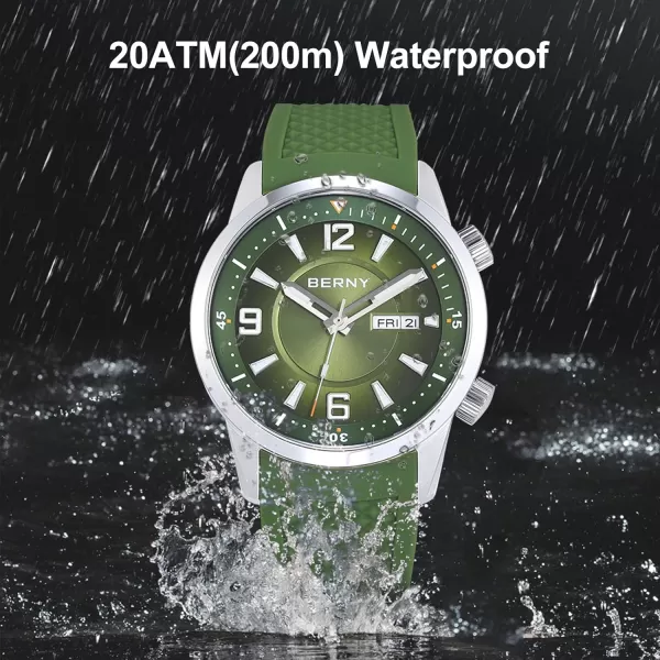 BERNY Dive Watch for Men Automatic Mechanical Wristwatch with ScrewDown Crown 20ATM Waterproof HV600 Hardness Sapphire Glass Silicone Band Super Luminous Mens WatchesGreen