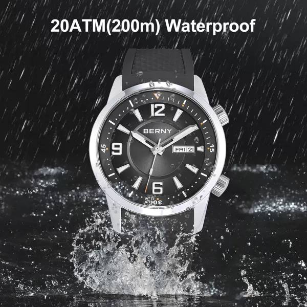 BERNY Dive Watch for Men Automatic Mechanical Wristwatch with ScrewDown Crown 20ATM Waterproof HV600 Hardness Sapphire Glass Silicone Band Super Luminous Mens WatchesBlack