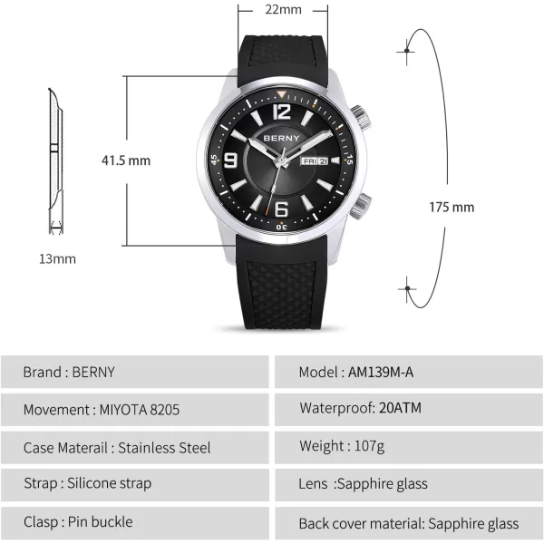 BERNY Dive Watch for Men Automatic Mechanical Wristwatch with ScrewDown Crown 20ATM Waterproof HV600 Hardness Sapphire Glass Silicone Band Super Luminous Mens WatchesBlack