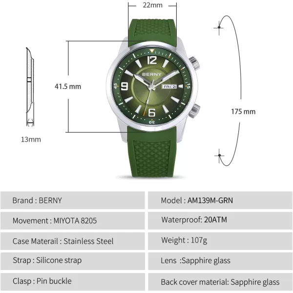 BERNY Dive Watch for Men Automatic Mechanical Wristwatch with ScrewDown Crown 20ATM Waterproof HV600 Hardness Sapphire Glass Silicone Band Super Luminous Mens WatchesGreen