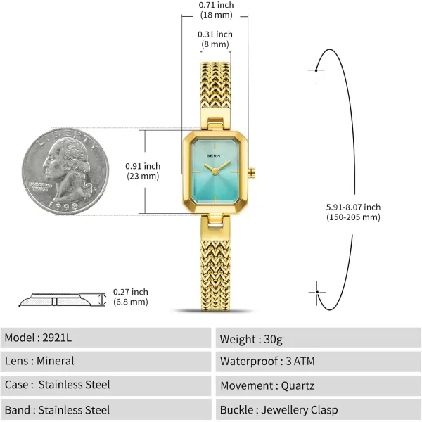 BERNY Gold Watch for Women Dainty Quartz Bracelet Watch Ladies Rectangle Mini Wrist Watches Small Fashion 3ATM Waterproof All Stainless Steel Detachable Watch BandLight Blue