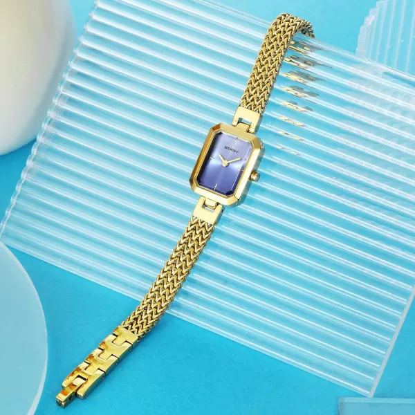 BERNY Gold Watch for Women Dainty Quartz Bracelet Watch Ladies Rectangle Mini Wrist Watches Small Fashion 3ATM Waterproof All Stainless Steel Detachable Watch BandBlue