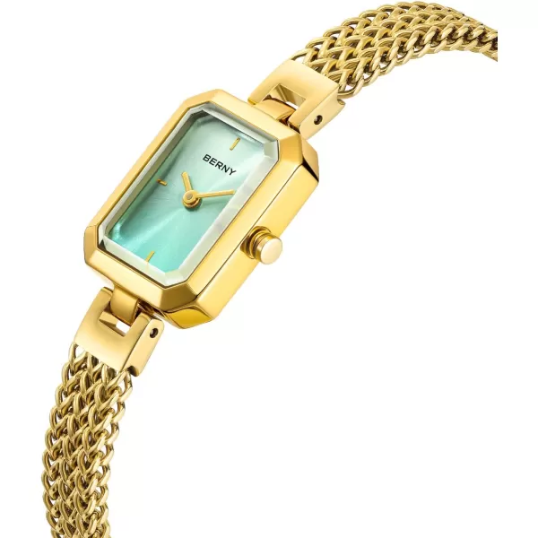 BERNY Gold Watch for Women Dainty Quartz Bracelet Watch Ladies Rectangle Mini Wrist Watches Small Fashion 3ATM Waterproof All Stainless Steel Detachable Watch BandLight Blue