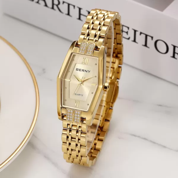 BERNY Gold Watches for Women Dainty Hexagon Ladies Quartz Wrist Watches Stainless Steel Band Fashion Analog Watch Luxury BraceletGold