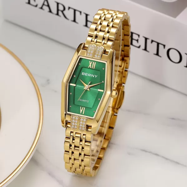 BERNY Gold Watches for Women Dainty Hexagon Ladies Quartz Wrist Watches Stainless Steel Band Fashion Analog Watch Luxury BraceletGreenFBM