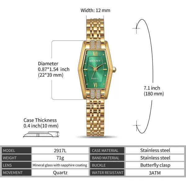 BERNY Gold Watches for Women Dainty Hexagon Ladies Quartz Wrist Watches Stainless Steel Band Fashion Analog Watch Luxury BraceletGreenFBM