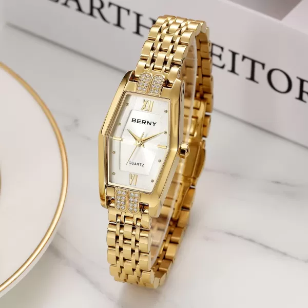 BERNY Gold Watches for Women Dainty Hexagon Ladies Quartz Wrist Watches Stainless Steel Band Fashion Analog Watch Luxury BraceletWhite