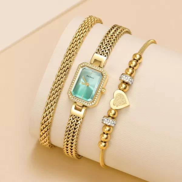 BERNY Gold Watches for Women Ladies Wrist Watch and Bracelet Set Dainty Quartz Bracelet Watch Premium Crystal Accented Fashion Luxury Birthday Present for WomenGlacier Blue