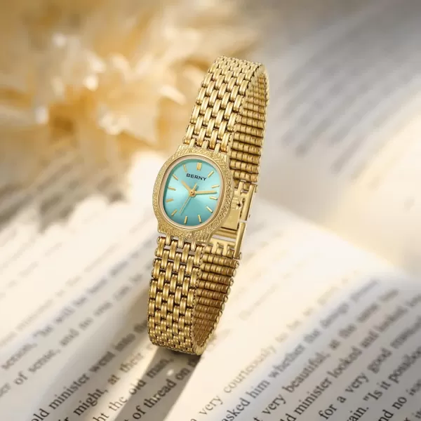 BERNY Gold Watches for Women Oval Ladies Small Watch Quartz Movement 3ATM Waterproof Female Wrist Watch Small and Exquisite Tools IncludedGlacier Blue