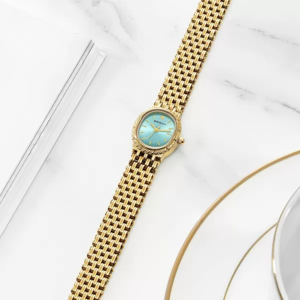 BERNY Gold Watches for Women Oval Ladies Small Watch Quartz Movement 3ATM Waterproof Female Wrist Watch Small and Exquisite Tools IncludedGlacier Blue