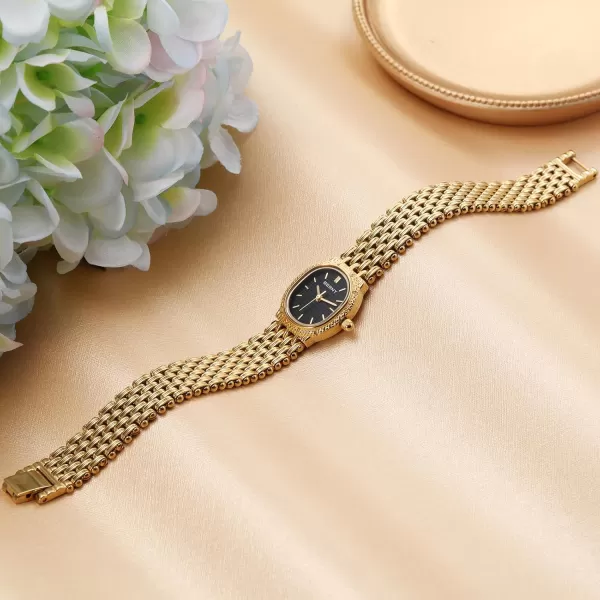 BERNY Gold Watches for Women Vintage Bracelet Wrist Watch Luxury Small Ladies Oval Quartz Watch with Tools IncludedBlack