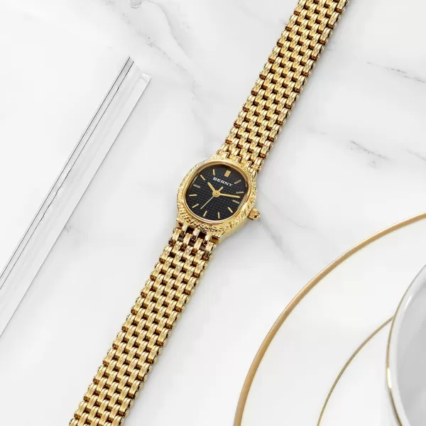 BERNY Gold Watches for Women Vintage Bracelet Wrist Watch Luxury Small Ladies Oval Quartz Watch with Tools IncludedBlack