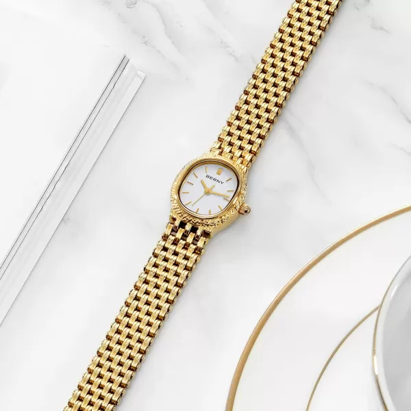 BERNY Gold Watches for Women Vintage Bracelet Wrist Watch Luxury Small Ladies Oval Quartz Watch with Tools IncludedWhite