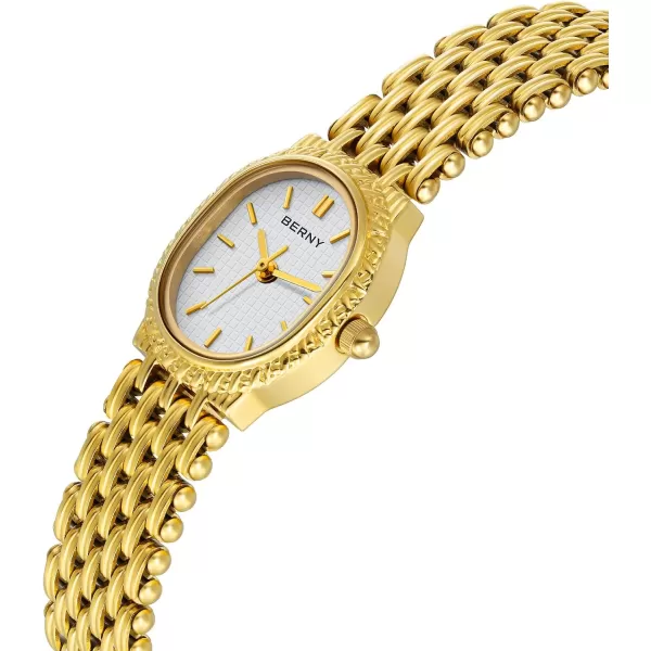 BERNY Gold Watches for Women Vintage Bracelet Wrist Watch Luxury Small Ladies Oval Quartz Watch with Tools IncludedWhite