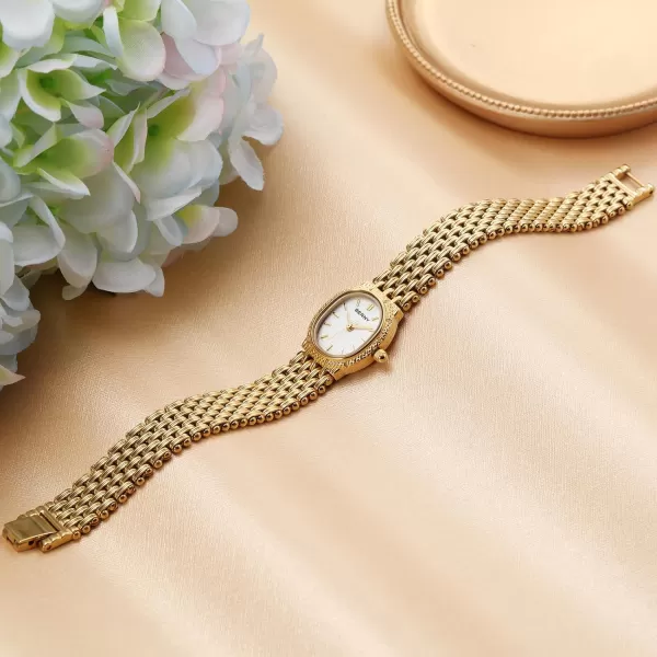 BERNY Gold Watches for Women Vintage Bracelet Wrist Watch Luxury Small Ladies Oval Quartz Watch with Tools IncludedWhite