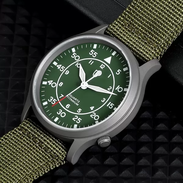 BERNY Mens Titanium Watch Japanese Sweep Second Quartz Movement Titanium Analog Quartz Watch T2566M WaterproofCanvasGreen