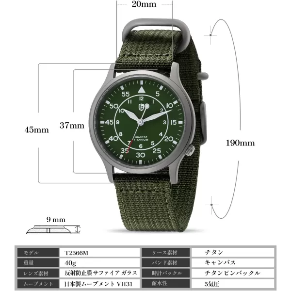 BERNY Mens Titanium Watch Japanese Sweep Second Quartz Movement Titanium Analog Quartz Watch T2566M WaterproofCanvasGreen