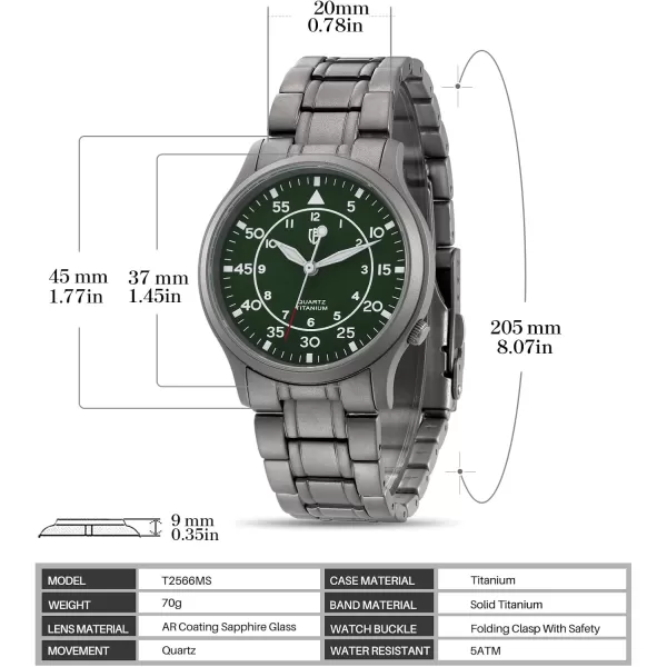 BERNY Mens Titanium Watch Japanese Sweep Second Quartz Movement Titanium Analog Quartz Watch T2566M WaterproofTitaniumGreen