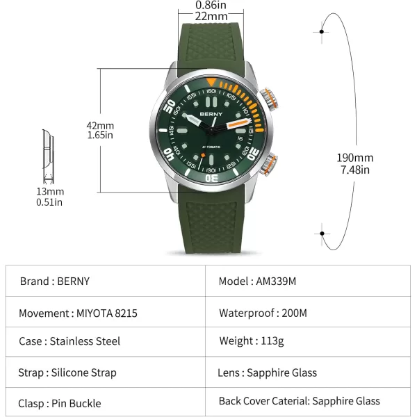 BERNY Mens Watch 20ATM Diving Watch Automatic Movement Wristwatch HV600 Hardness Sapphire Glass Comfortable Silicone Watch Band Super Luminous Male WatchesGreen