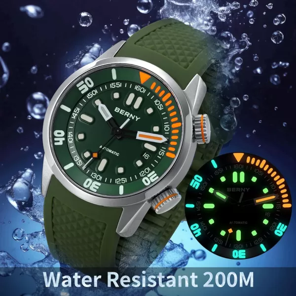 BERNY Mens Watch 20ATM Diving Watch Automatic Movement Wristwatch HV600 Hardness Sapphire Glass Comfortable Silicone Watch Band Super Luminous Male WatchesGreen