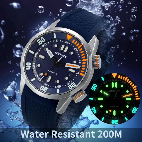 BERNY Mens Watch 20ATM Diving Watch Automatic Movement Wristwatch HV600 Hardness Sapphire Glass Comfortable Silicone Watch Band Super Luminous Male WatchesBlue